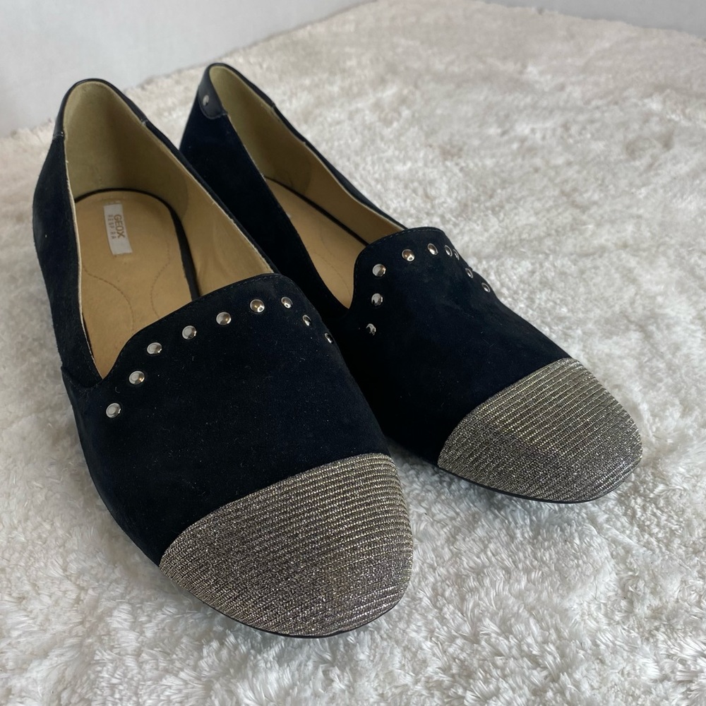 GEOX Respira Black Sueded Leather Loafers Silver Studs 39